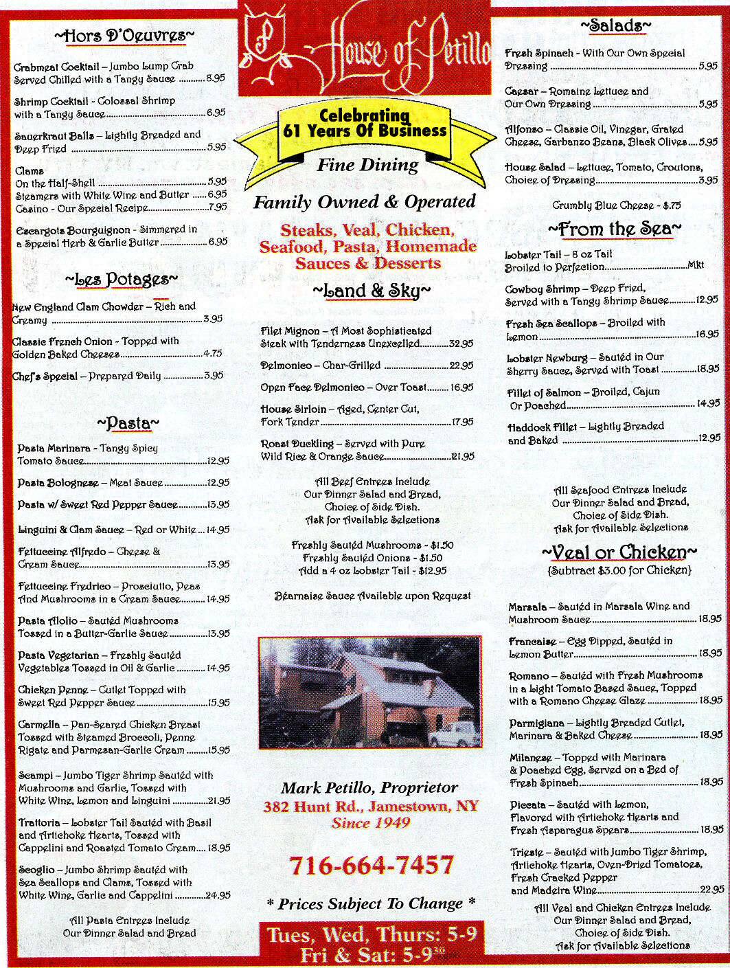 House of Petillo Menu, Menu untuk House of Petillo, Jamestown