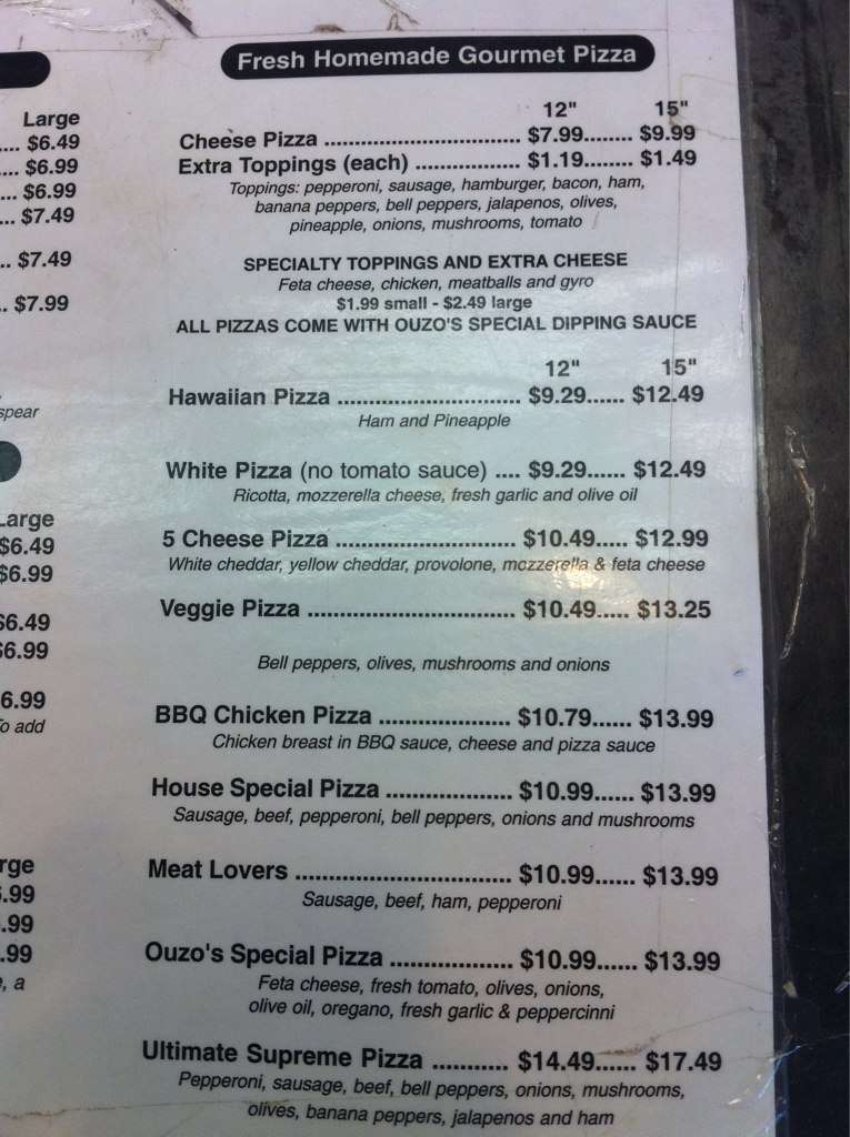 Menu at Ouzo's Pizza pizzeria, Rock Hill, Celanese Rd 156