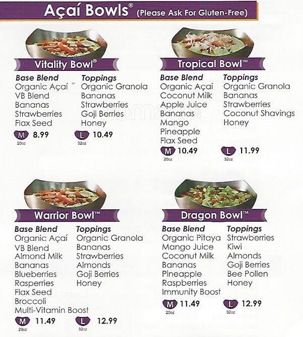 Vitality Bowls Menu, Menu for Vitality Bowls, Pleasant Hill, Pleasant