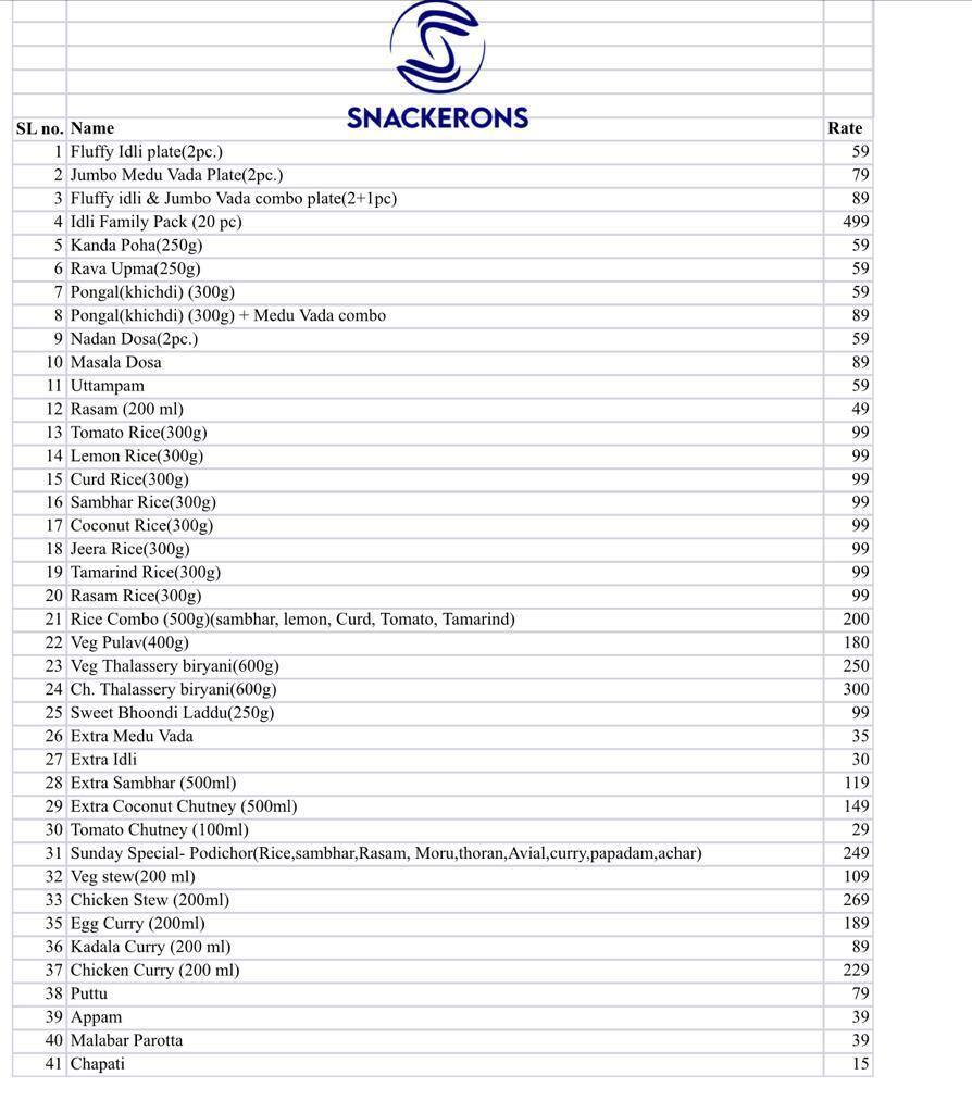 Menu of Snackerons, Owale, Thane West, Thane