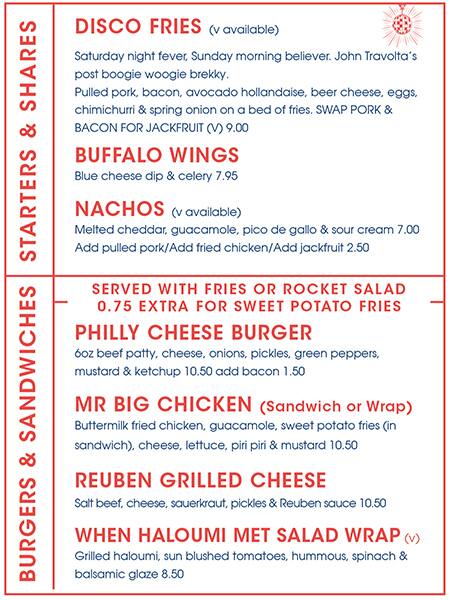 Menu at The Breakfast Club, London, 33 D'Arblay St