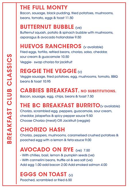 Menu at The Breakfast Club, London, 33 D'Arblay St