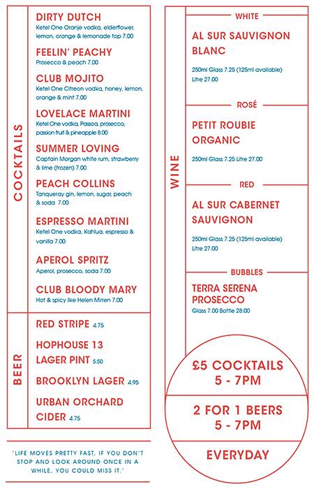 Menu at The Breakfast Club, London, 33 D'Arblay St