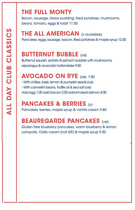 Menu at The Breakfast Club, London, 33 D'Arblay St