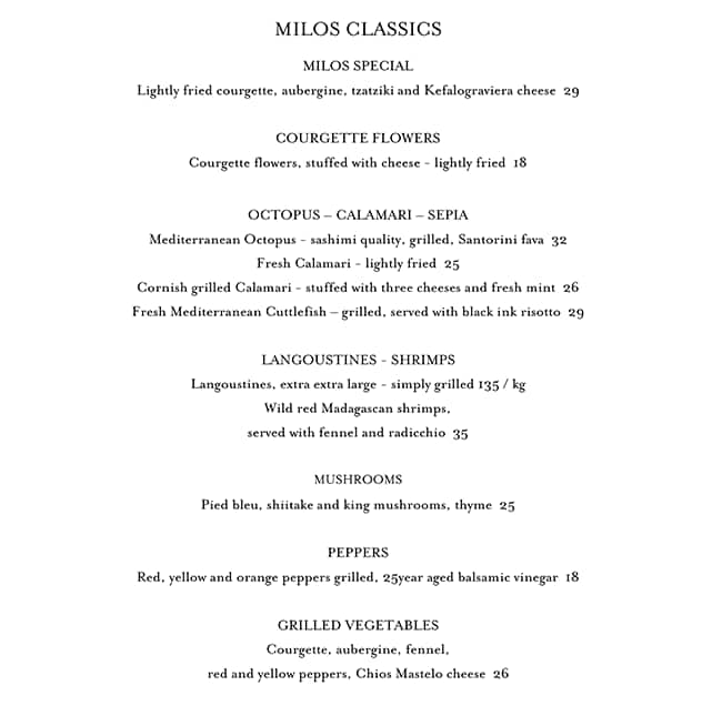 Menu at estiatorio Milos restaurant, London, 1 Regent Street Saint James's