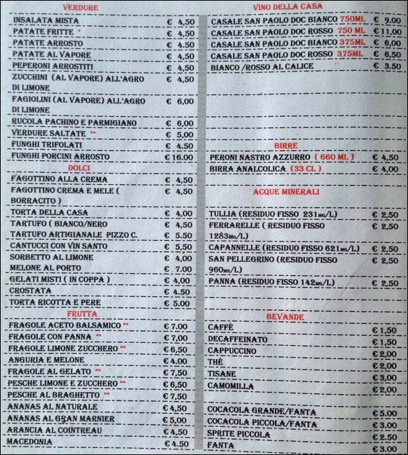 Ristorante Sora Rosa menu