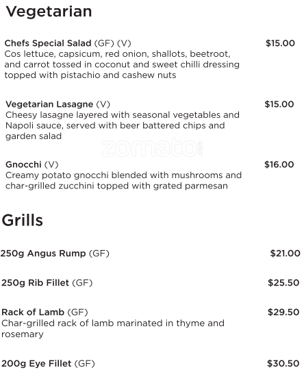 Menu at Bunratty Bistro, Brisbane City