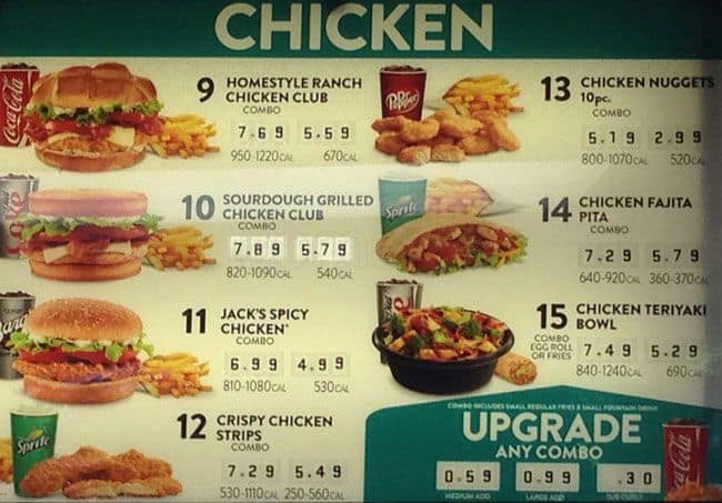 Menu at Jack in the Box fast food, Seattle, SW Admiral Way