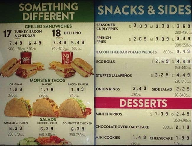 Menu at Jack in the Box fast food, Seattle, SW Admiral Way