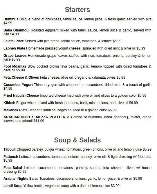 Arabian Nights Menu Menu For Arabian Nights Lake Oswego Lake