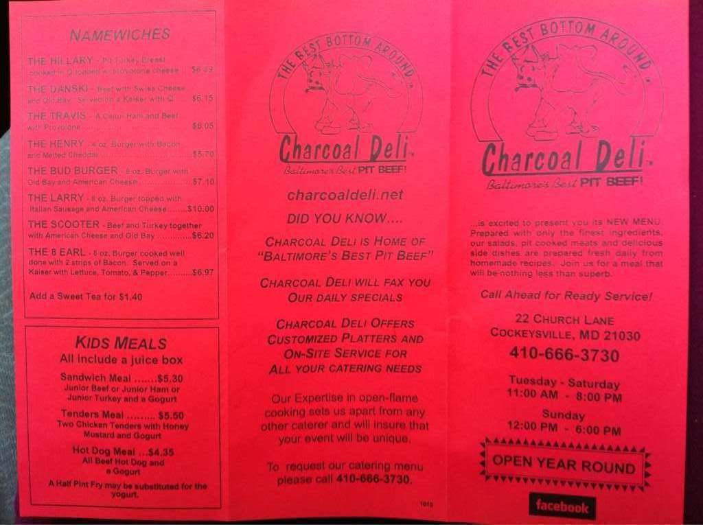 Menu at Charcoal Deli BBQ, Cockeysville
