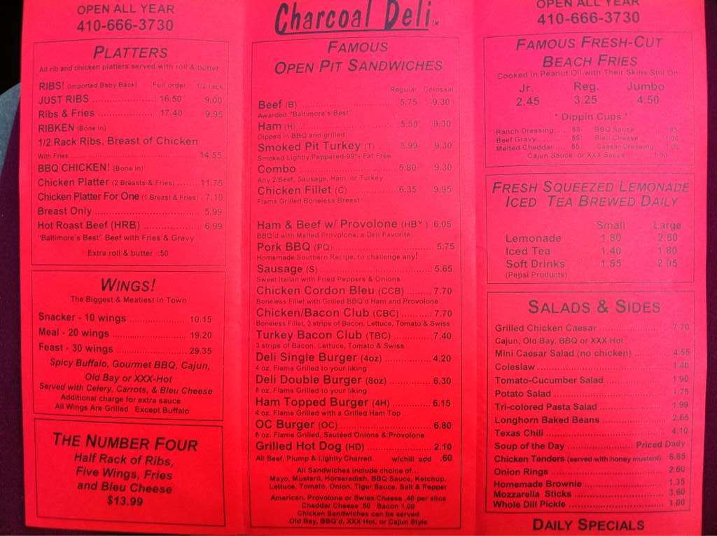 Menu at Charcoal Deli BBQ, Cockeysville