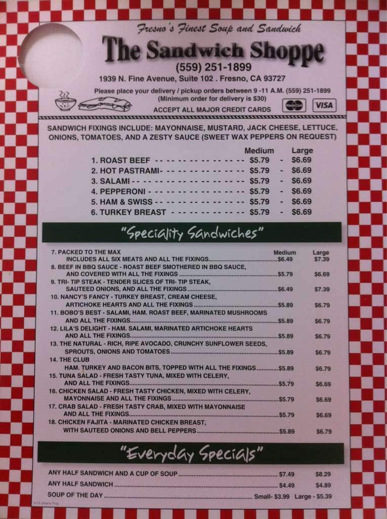 Sandwich Shoppe Menu, Menu for Sandwich Shoppe, McLane, Fresno