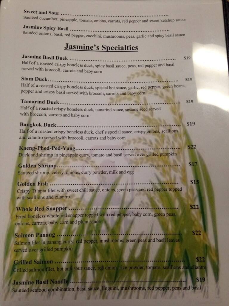 Menu at Jasmine Thai Restaurant, Schenectady