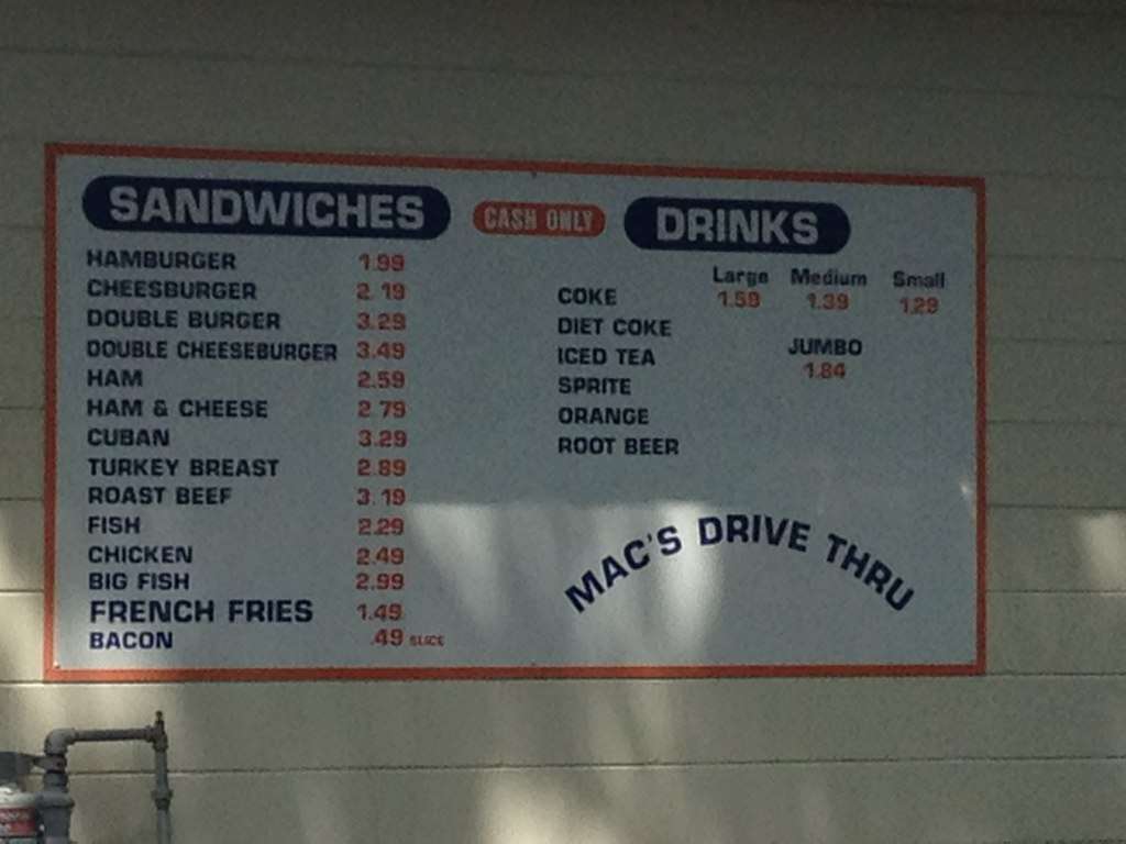 Menu at Mac's fast food, Gainesville
