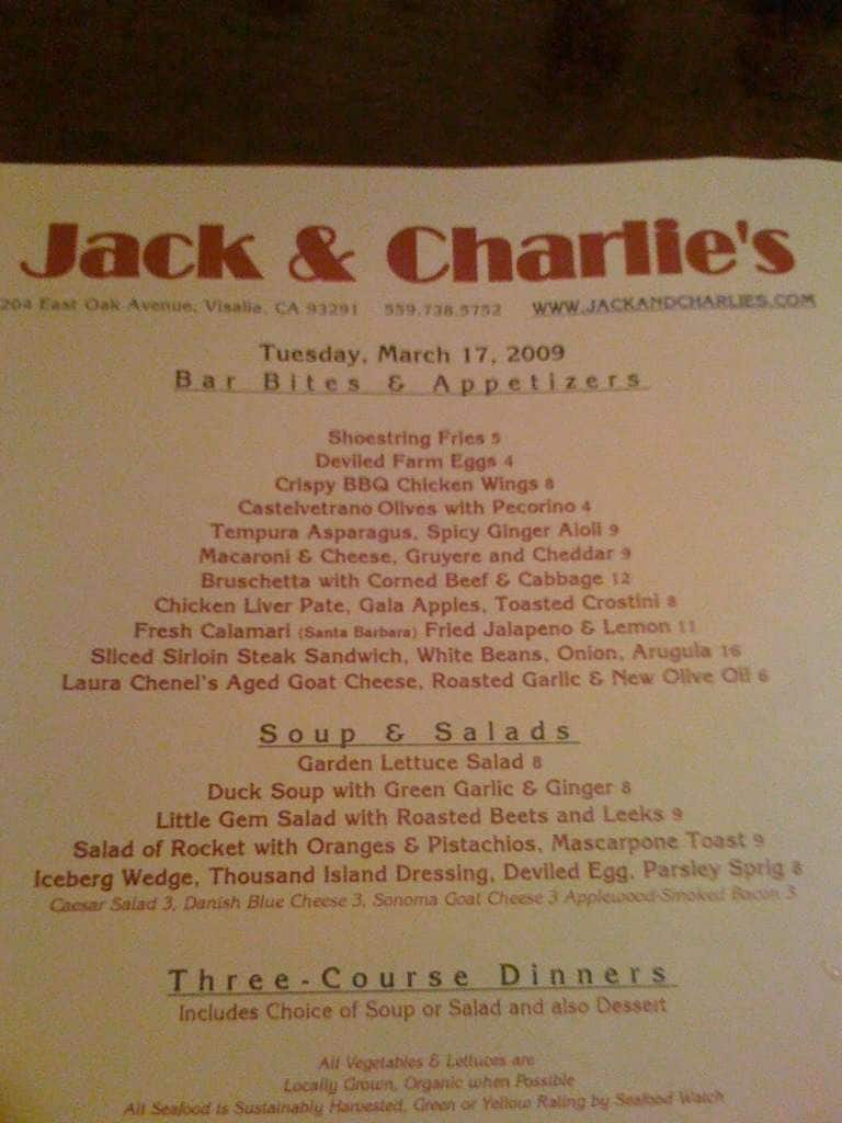 Jack and Charlies Menu, Menu for Jack and Charlies, Visalia, Visalia