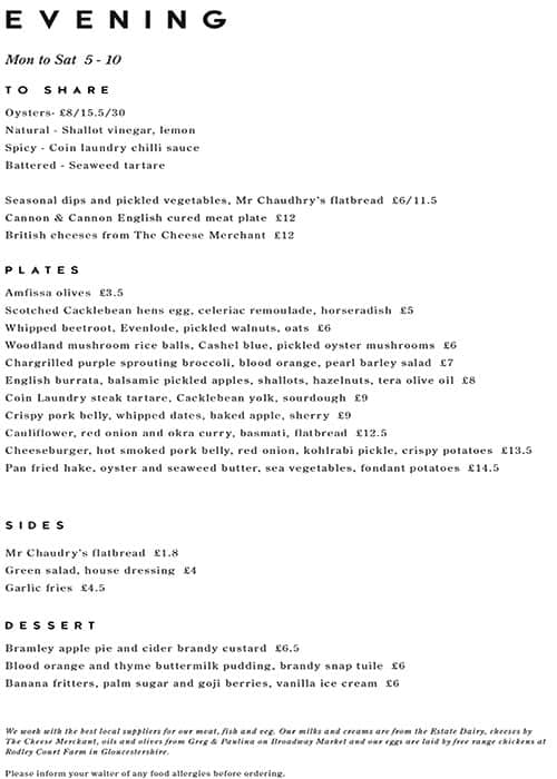 Menu at Coin Laundry pub & bar, London