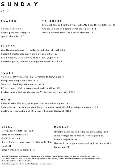 Menu at Coin Laundry pub & bar, London