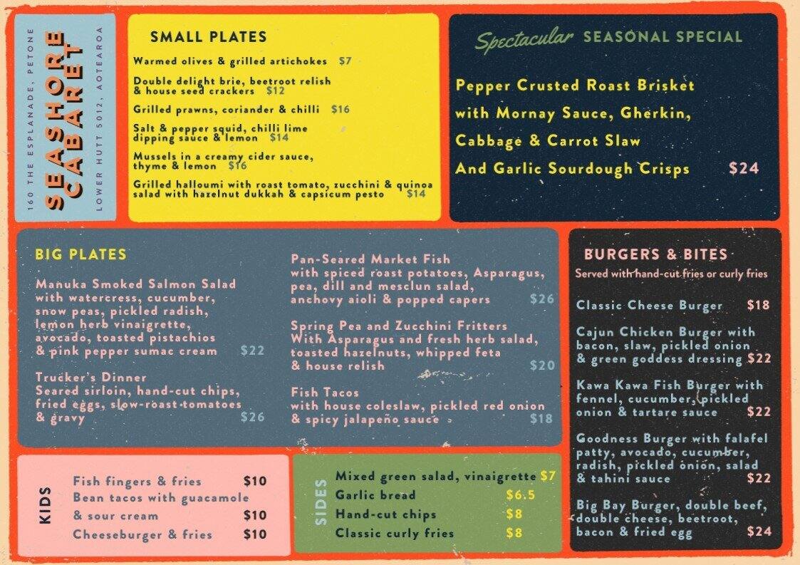 Menu at Seashore Cabaret, Lower Hutt