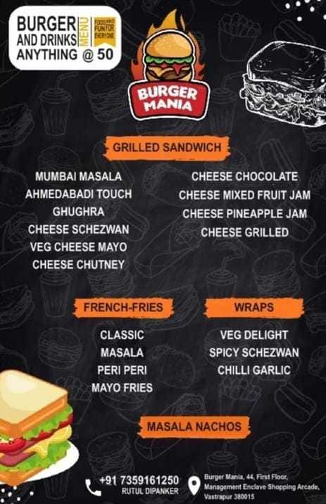 Menu of Burger Mania, Ranip, Ahmedabad