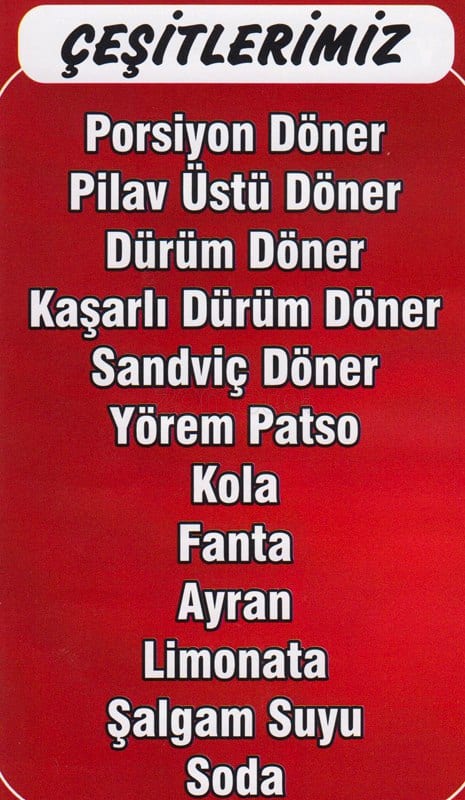 Yörem Döner Speisekarte
