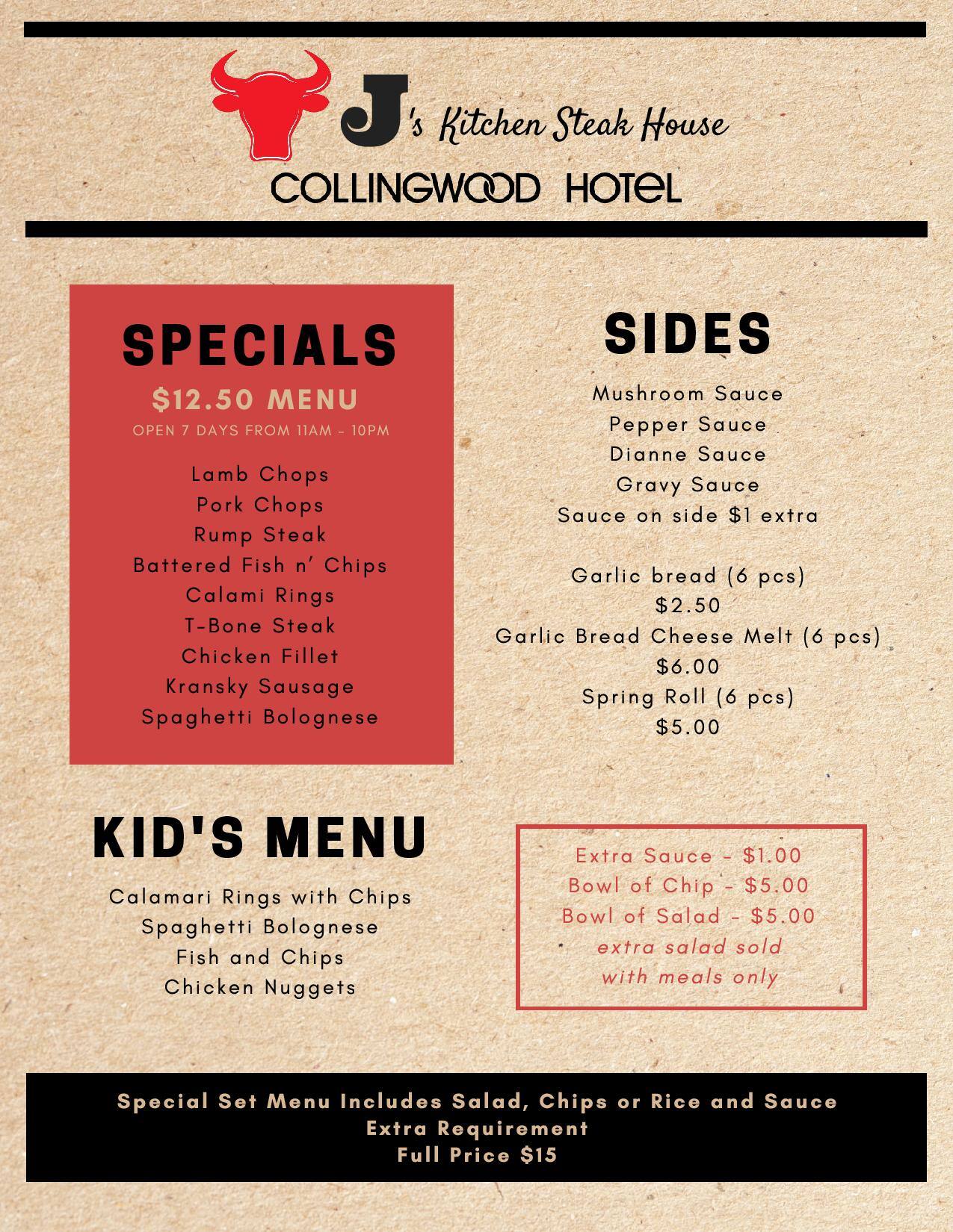 J S Kitchen Steak House Collingwood Hotel Menu