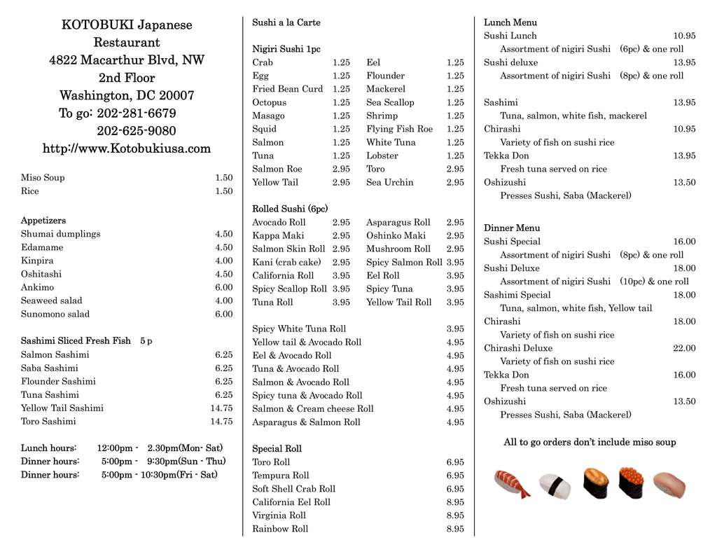 Kotobuki Menu, Menu for Kotobuki, Palisades, Washington DC Urbanspoon