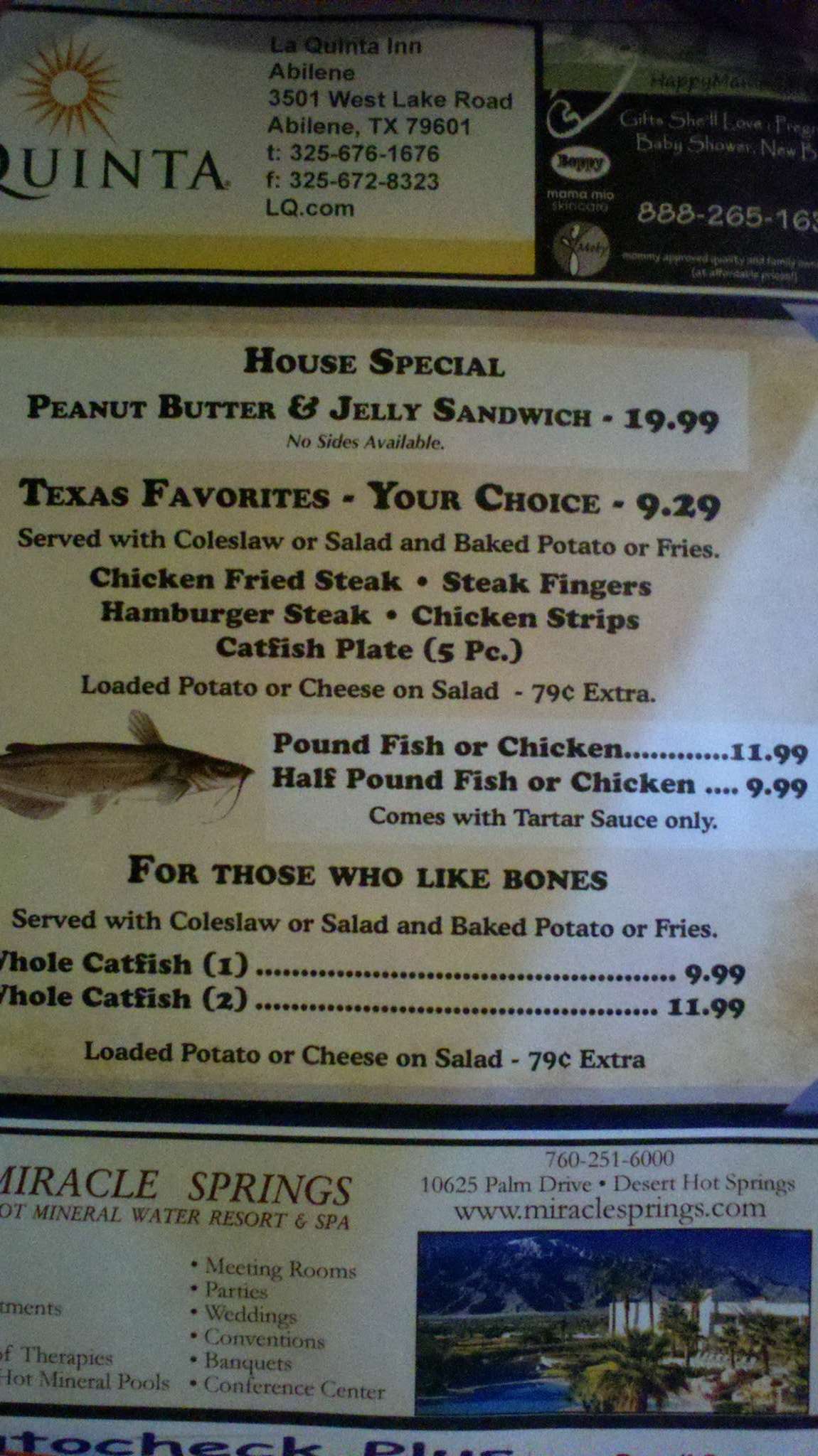 Menu at Catfish Corner restaurant, Abilene