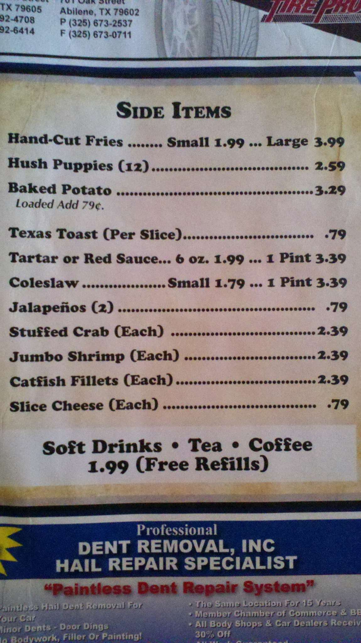 Menu at Catfish Corner restaurant, Abilene