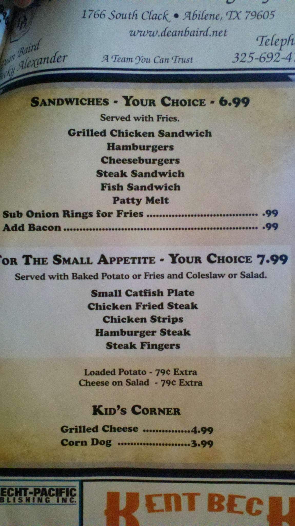 Menu at Catfish Corner restaurant, Abilene