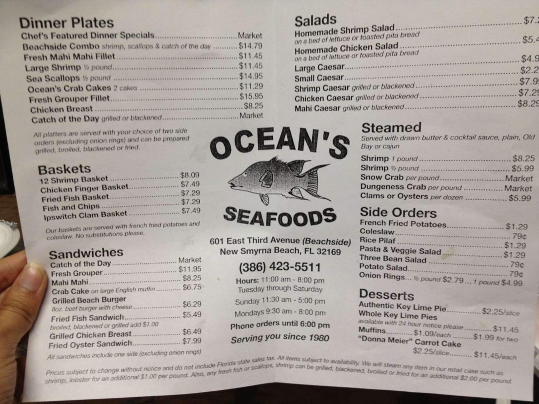 Oceans Seafood Menu, Menu for Oceans Seafood, New Smyrna