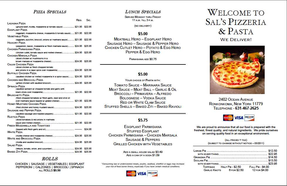 Sal's Pizzeria Menu, Menu for Sal's Pizzeria, Ronkonkoma, Long Island ...