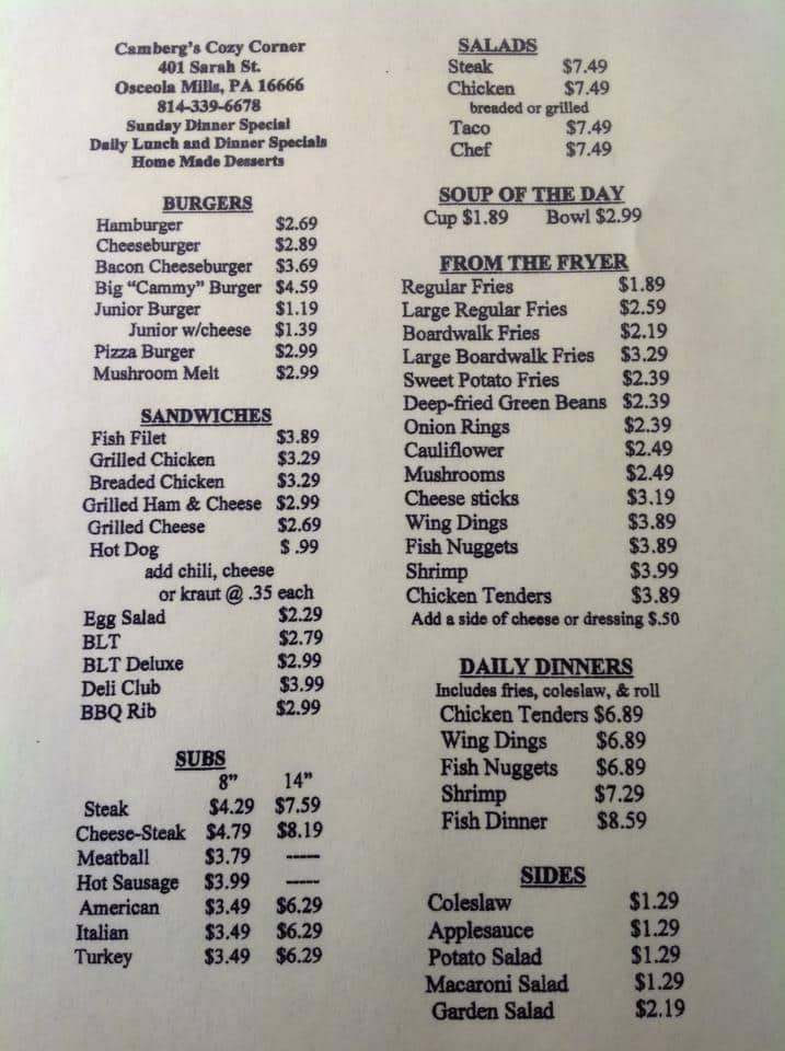 Menu at Camberg's Cozy Corner restaurant, Osceola Mills