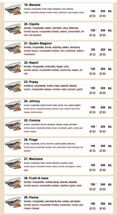Menu at Johnny Pizza pizzeria, Prague
