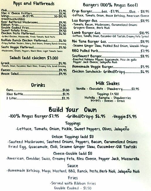 Lux Burgers Menu, Menu for Lux Burgers, Coral Springs, Miami