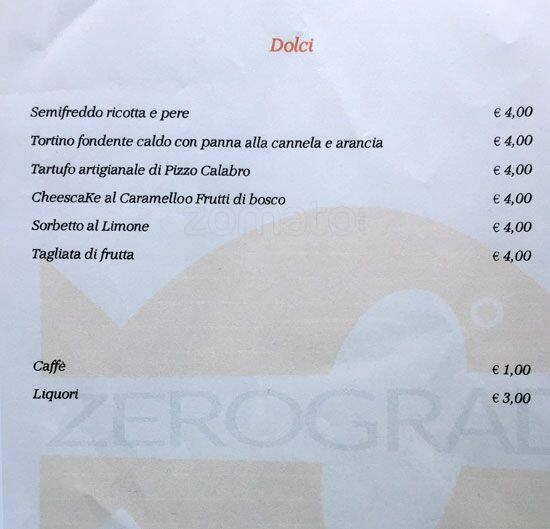 Zero Gradi Speisekarte