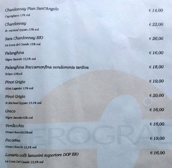 Zero Gradi Speisekarte