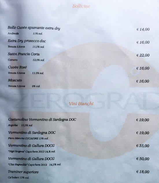 Zero Gradi Speisekarte