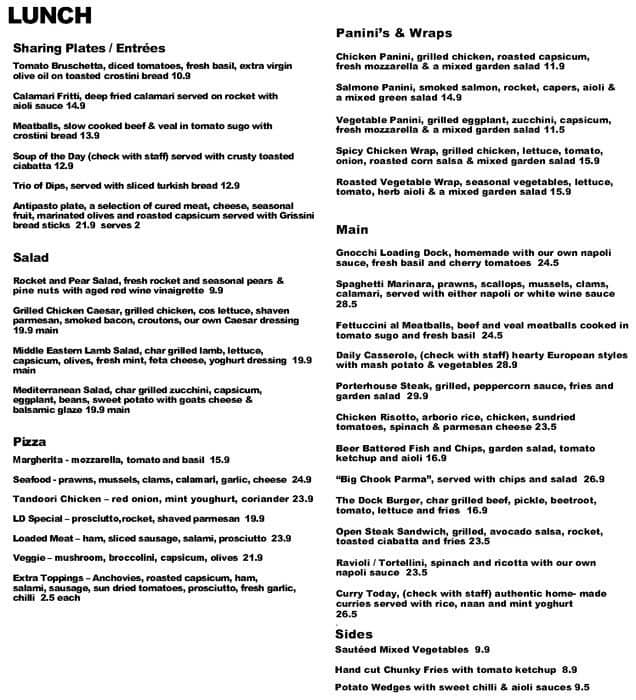 Loading Dock Menu, Menu untuk Loading Dock, South Wharf, Melbourne