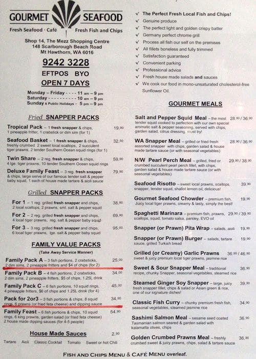 Gourmet Seafood Menu,Menú para Gourmet Seafood, Mount Hawthorn, Perth