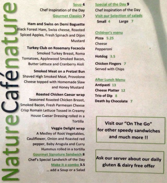 Menu au Cafe Nature, Ottawa