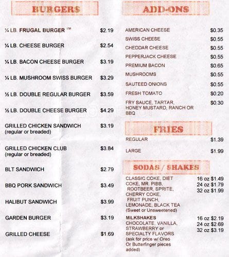 Frugals Menu, Menu for Frugals, Tacoma 