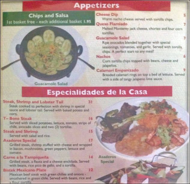 Asaderos Mexican Restaurant Menu - Urbanspoon/Zomato