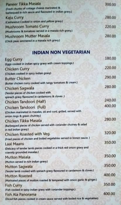 Panorama Rooftop Restaurant menu