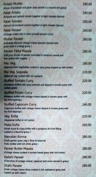 Panorama Rooftop Restaurant menu