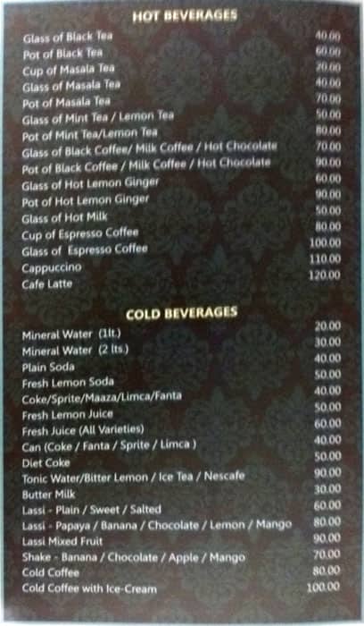 Panorama Rooftop Restaurant menu