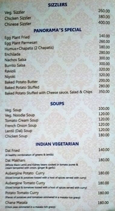 Panorama Rooftop Restaurant menu