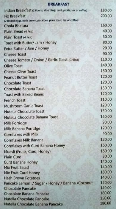 Panorama Rooftop Restaurant menu