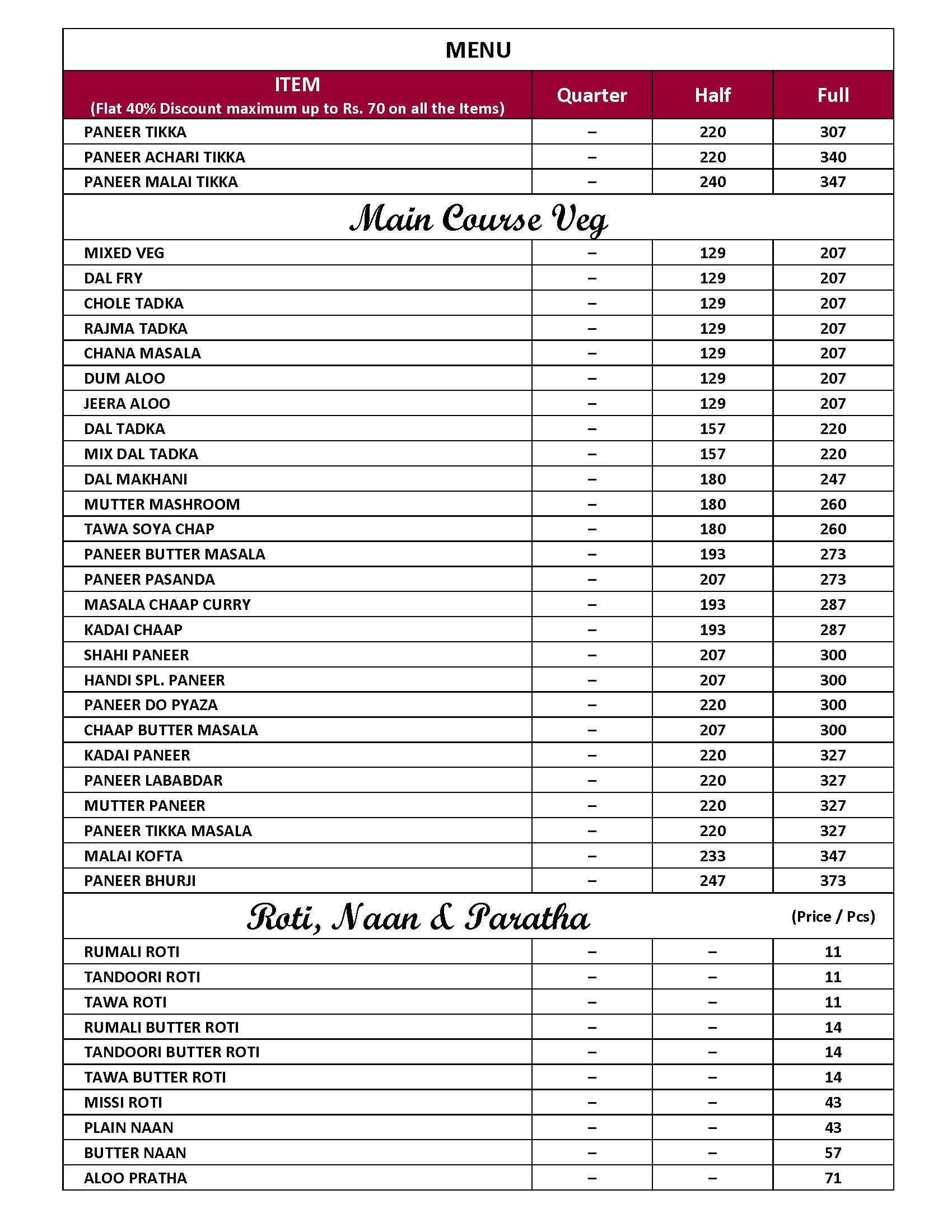 Moody moon restaurant and hotal menu