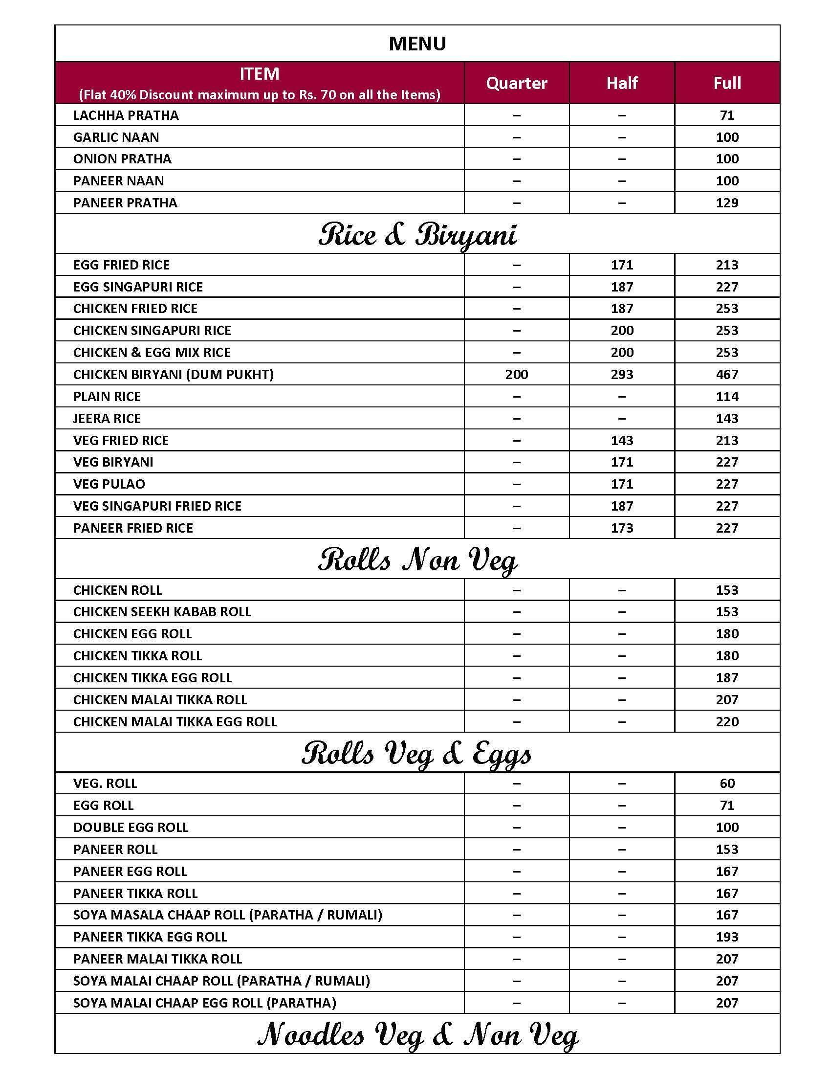 Moody moon restaurant and hotal menu